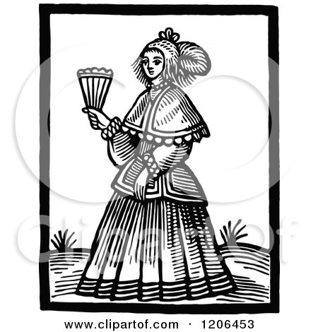 Clipart of a Vintage Black and White Woman Holding a Fan - Royalty Free Vector Illustration by Prawny Vintage