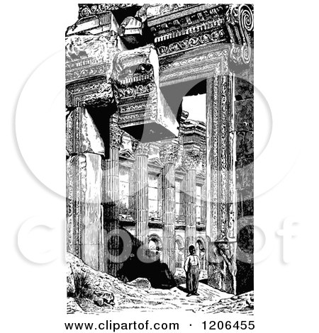 Clipart of a Vintage Black and White Man at the Ruins of Baalbeck - Royalty Free Vector Illustration by Prawny Vintage