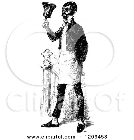 Clipart of a Vintage Black and White Servant Ringing a Bell - Royalty Free Vector Illustration by Prawny Vintage