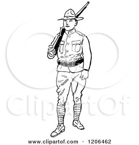 Clipart of a Vintage Black and White Soldier - Royalty Free Vector Illustration by Prawny Vintage