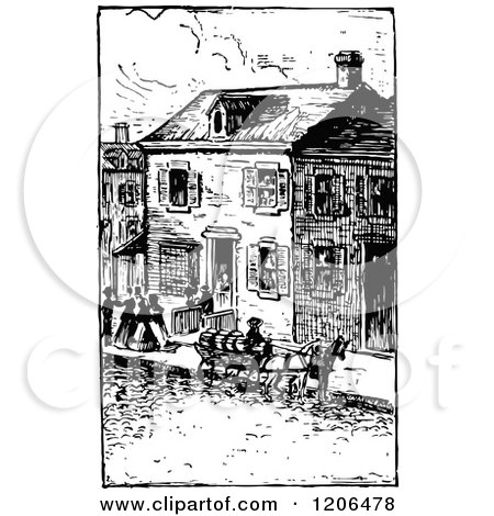 Clipart of a Vintage Black and White Village Street Scene - Royalty Free Vector Illustration by Prawny Vintage