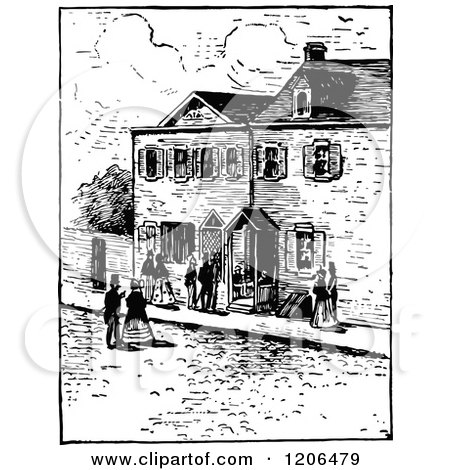 Clipart of a Vintage Black and White Village Street Scene - Royalty Free Vector Illustration by Prawny Vintage