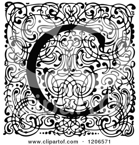 Clipart of a Vintage Black and White Monogram C Letter over Swirls - Royalty Free Vector Illustration by Prawny Vintage