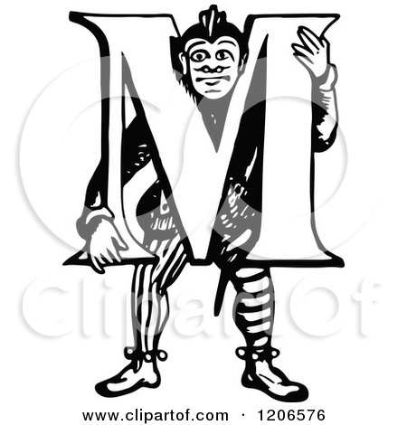 Clipart of a Vintage Black and White Letter M and Man - Royalty Free Vector Illustration by Prawny Vintage