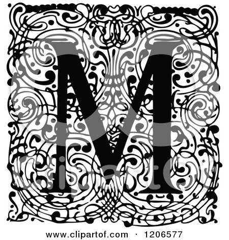 Clipart of a Vintage Black and White Monogram M Letter over Swirls - Royalty Free Vector Illustration by Prawny Vintage