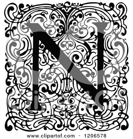 Clipart of a Vintage Black and White Monogram N Letter over Swirls - Royalty Free Vector Illustration by Prawny Vintage