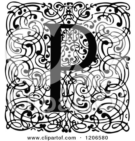 Clipart of a Vintage Black and White Monogram P Letter over Swirls - Royalty Free Vector Illustration by Prawny Vintage