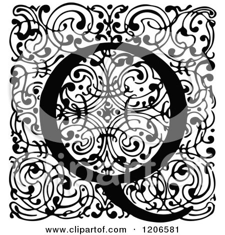 Clipart of a Vintage Black and White Monogram Q Letter over Swirls - Royalty Free Vector Illustration by Prawny Vintage