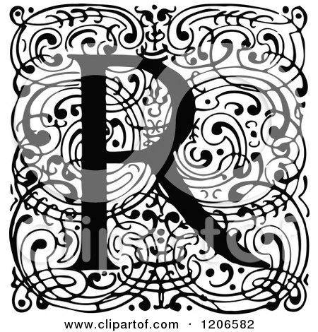 Clipart of a Vintage Black and White Monogram R Letter over Swirls - Royalty Free Vector Illustration by Prawny Vintage