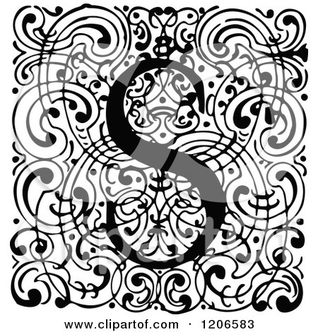Clipart of a Vintage Black and White Monogram S Letter over Swirls - Royalty Free Vector Illustration by Prawny Vintage