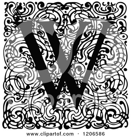 Clipart of a Vintage Black and White Monogram W Letter over Swirls ...