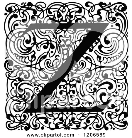 Clipart of a Vintage Black and White Monogram Z Letter over Swirls - Royalty Free Vector Illustration by Prawny Vintage