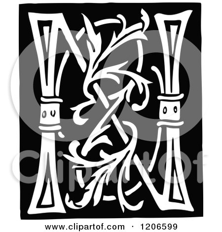 Clipart of a Vintage Black and White Monogram Letter N - Royalty Free Vector Illustration by Prawny Vintage