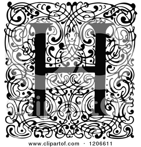 Clipart of a Vintage Black and White Monogram H Letter over Swirls - Royalty Free Vector Illustration by Prawny Vintage