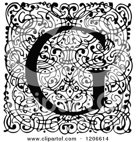 Clipart of a Vintage Black and White Monogram G Letter over Swirls - Royalty Free Vector Illustration by Prawny Vintage