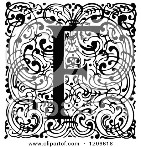 Clipart of a Vintage Black and White Monogram F Letter over Swirls - Royalty Free Vector Illustration by Prawny Vintage