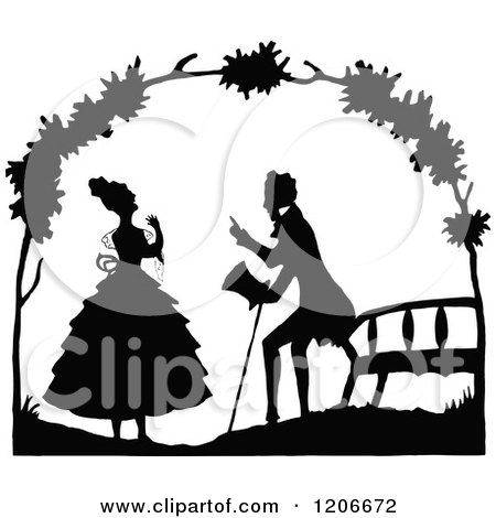 Clipart of a Vintage Black and White Couple Talking by a Bench - Royalty Free Vector Illustration by Prawny Vintage