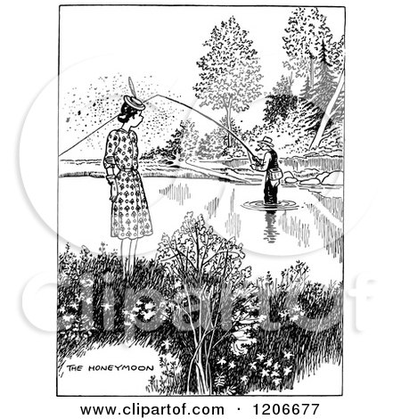 Clipart of a Vintage Black and White Couple Fishing on a Honeymoon - Royalty Free Vector Illustration by Prawny Vintage