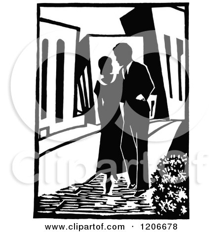 Clipart of a Vintage Black and White Couple Strolling in a City - Royalty Free Vector Illustration by Prawny Vintage
