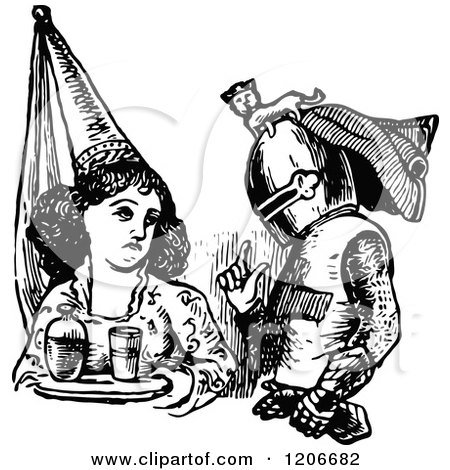 Clipart of a Vintage Black and White Maiden and Knight - Royalty Free Vector Illustration by Prawny Vintage