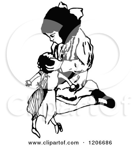 Clipart of a Vintage Black and White Girl Playing with a Doll - Royalty Free Vector Illustration by Prawny Vintage