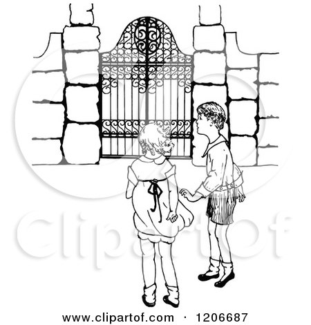 Clipart of a Vintage Black and White Boy and Girl at a Gate - Royalty Free Vector Illustration by Prawny Vintage