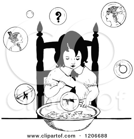 Clipart of a Vintage Black and White Girl Eating and Dreaming - Royalty Free Vector Illustration by Prawny Vintage