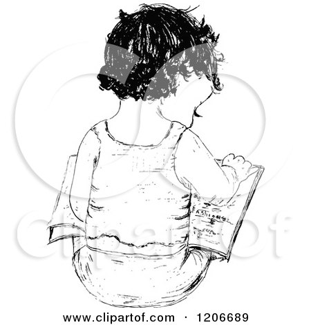 Clipart of a Vintage Black and White Child Reading - Royalty Free Vector Illustration by Prawny Vintage