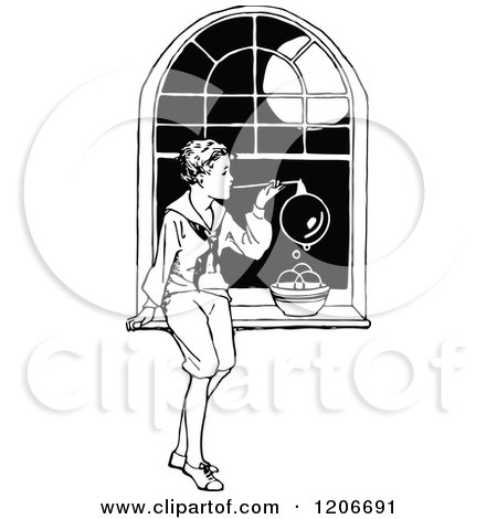 Clipart of a Vintage Black and White Boy Blowing Bubbles by a Window - Royalty Free Vector Illustration by Prawny Vintage