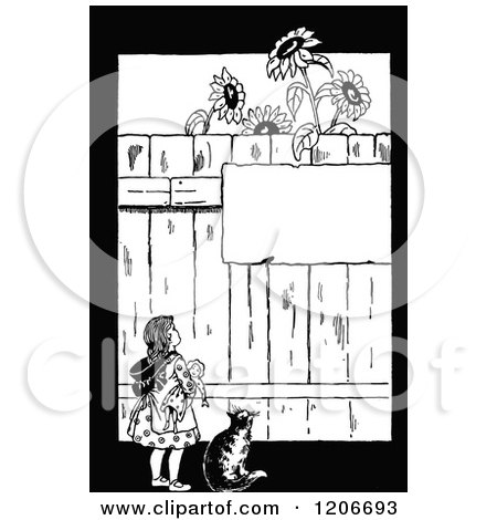 Clipart of a Vintage Black and White Girl and Cat Looking at a Sign on a Fence with Sunflowers - Royalty Free Vector Illustration by Prawny Vintage