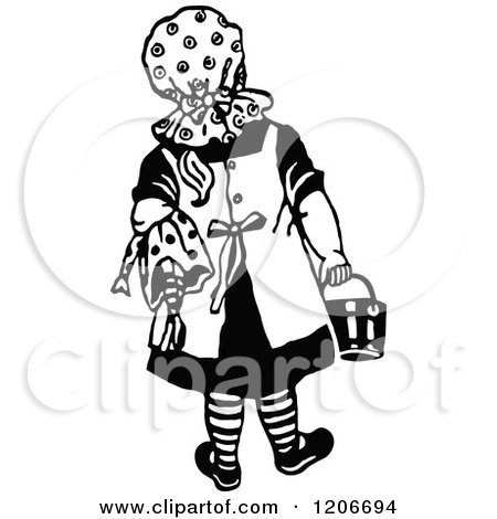 Clipart of a Vintage Black and White Girl Playing with a Doll - Royalty Free Vector Illustration by Prawny Vintage