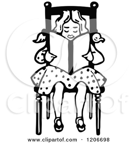 Clipart of a Vintage Black and White Girl Reading - Royalty Free Vector Illustration by Prawny Vintage