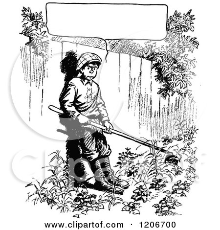 Clipart of a Vintage Black and White Grumpy Gardening Boy - Royalty Free Vector Illustration by Prawny Vintage