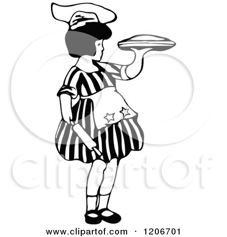 Clipart of a Vintage Black and White Little Girl Baking - Royalty Free Vector Illustration by Prawny Vintage