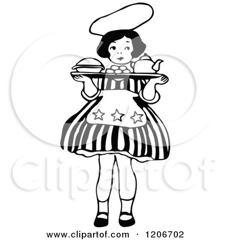 Clipart of a Vintage Black and White Little Girl Carrying a Tray - Royalty Free Vector Illustration by Prawny Vintage