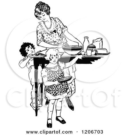 Clipart of a Vintage Black and White Mother Cooking with Her Children - Royalty Free Vector Illustration by Prawny Vintage