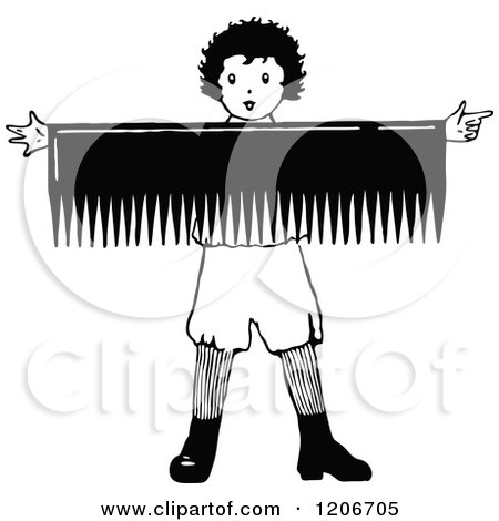 Clipart of a Vintage Black and White Boy Holding a Giant Comb Sign - Royalty Free Vector Illustration by Prawny Vintage