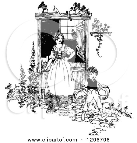 Clipart of a Vintage Black and White Mother Watching Her Son - Royalty Free Vector Illustration by Prawny Vintage