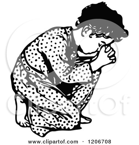 Clipart of a Vintage Black and White Boy Kneeling and Praying - Royalty Free Vector Illustration by Prawny Vintage