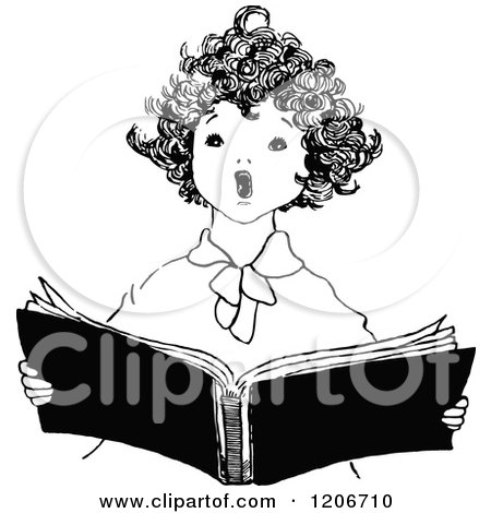 Clipart of a Vintage Black and White Singing Angelic Boy - Royalty Free Vector Illustration by Prawny Vintage