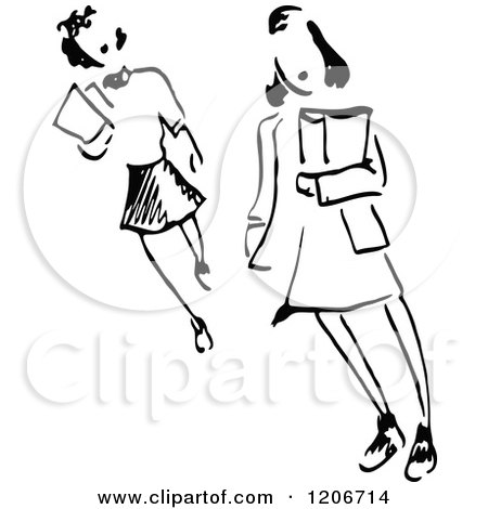 Clipart of Vintage Black and White School Girls - Royalty Free Vector Illustration by Prawny Vintage