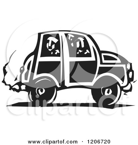 Clipart of a Person Looking out Through a Car Window Black and White Woodcut - Royalty Free Vector Illustration by xunantunich