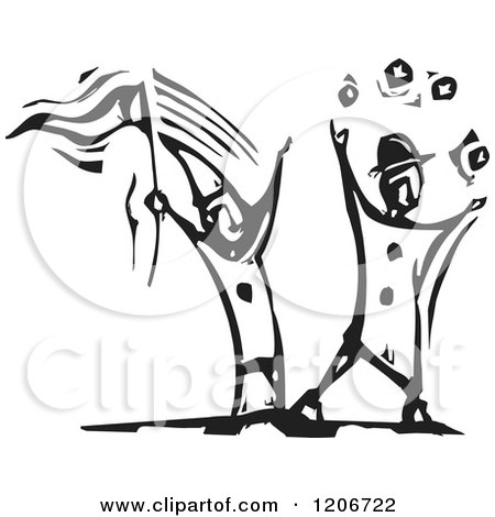 Clipart of a Clown Waving a Flag and a Man Juggling Black and White Woodcut - Royalty Free Vector Illustration by xunantunich