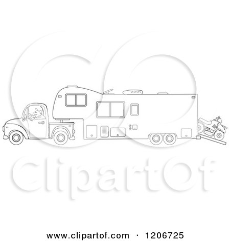 Cartoon of an Outlined Man Driving a Pickup Truck and Hauling a Camper Fifth Wheel Trailer with an ATV - Royalty Free Vector Clipart by djart