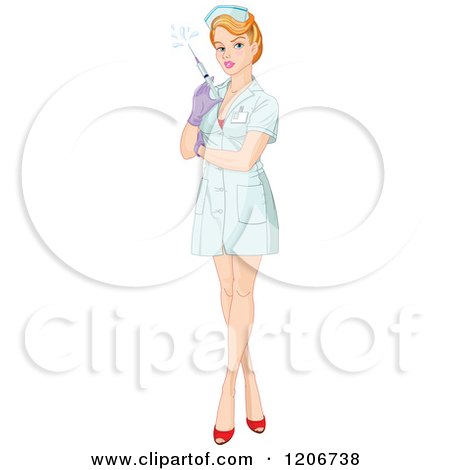 Cartoon of a Sexy Nurse Squirting Liquid from a Syringe - Royalty Free Vector Clipart by Pushkin