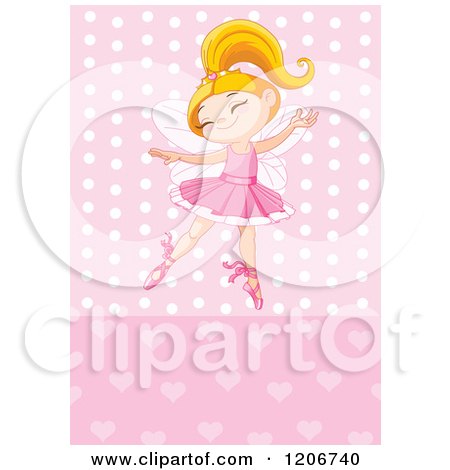 Cartoon of a Happy Blond Ballerina Princess Girl Dancing over Pink Hearts and Polka Dots - Royalty Free Vector Clipart by Pushkin