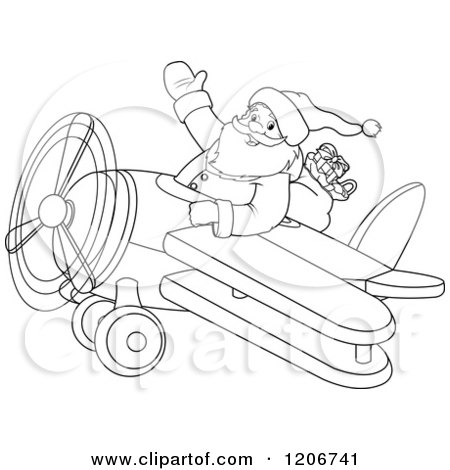 Cartoon of an Outlined Santa Flying a Biplane and Waving - Royalty Free Vector Clipart by Pushkin