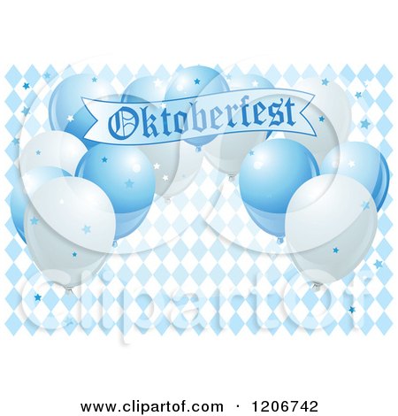 Cartoon of Blue Oktoberfest Balloons and a Banner over Diamonds - Royalty Free Vector Clipart by Pushkin