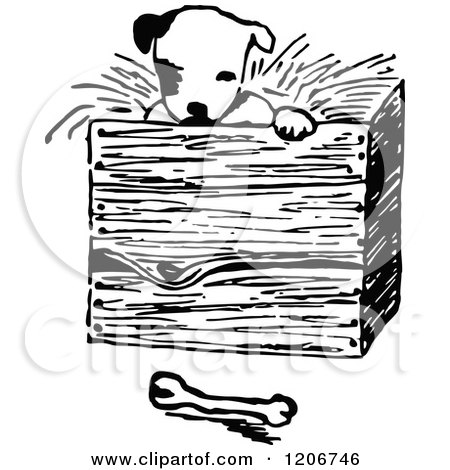 Clipart of a Vintage Black and White Puppy in a Box - Royalty Free Vector Illustration by Prawny Vintage