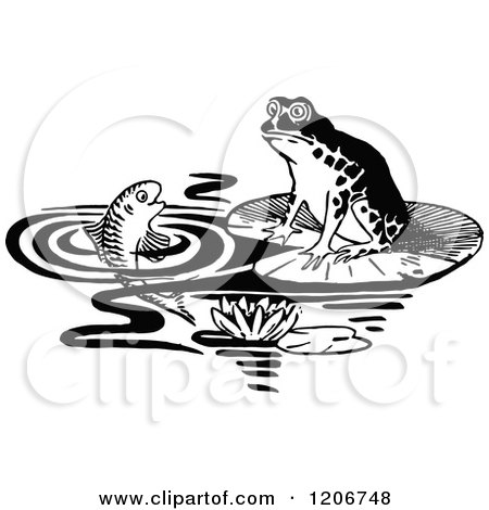 Clipart of a Vintage Black and White Frog and Fish - Royalty Free Vector Illustration by Prawny Vintage